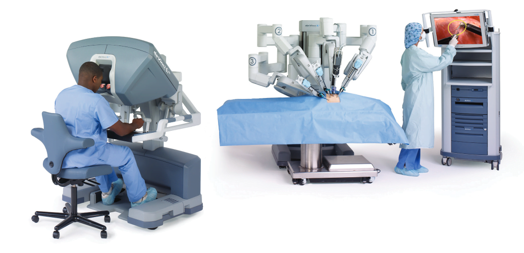 The da Vinci surgical system: a surgeon seated at the console on the left, the patient-side cart with four robotic arms over a draped patient in the center, and the vision tower with a 3D display on the right.